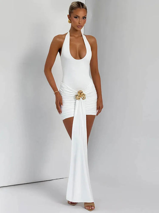 Metal Flower Draped Ruched Mini Dress