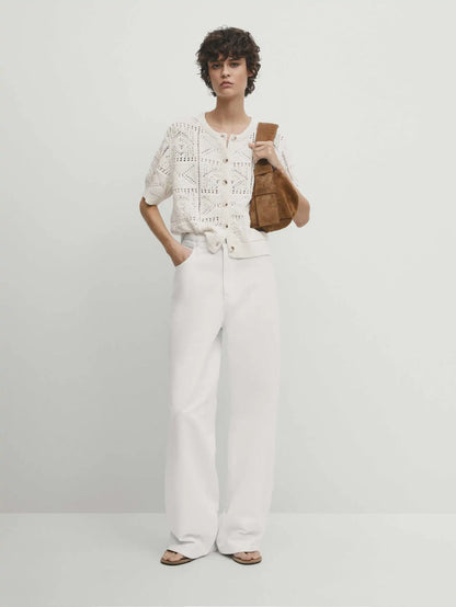 Round-Neck Short Sleeve Knit Cardigan
