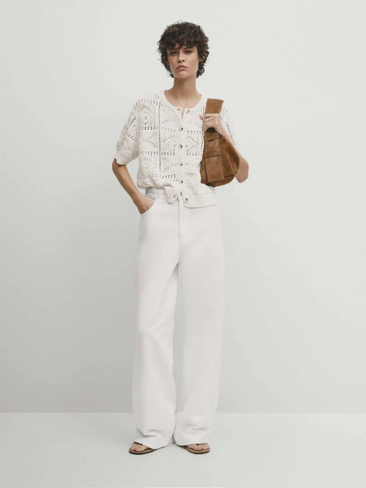 Round-Neck Short Sleeve Knit Cardigan