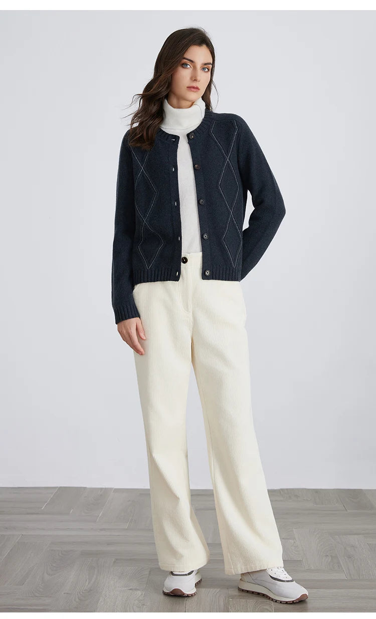 100% Merino Wool Long-Sleeved Knitted Cardigan