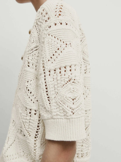 Round-Neck Short Sleeve Knit Cardigan