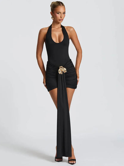Metal Flower Draped Ruched Mini Dress