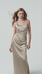 Beige Satin Midi Dress with Thin Straps
