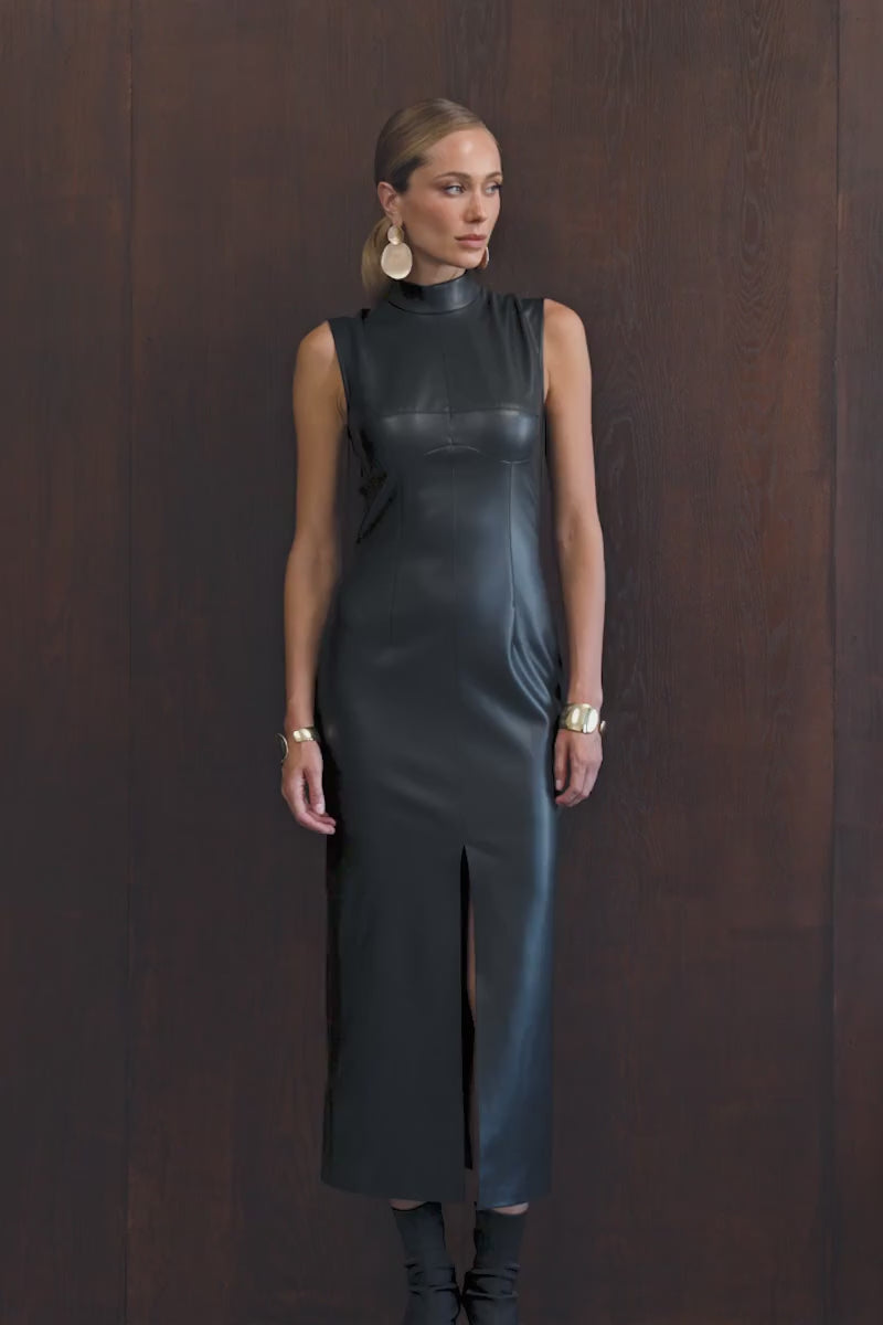 Black leather maxi dress with accent bodice